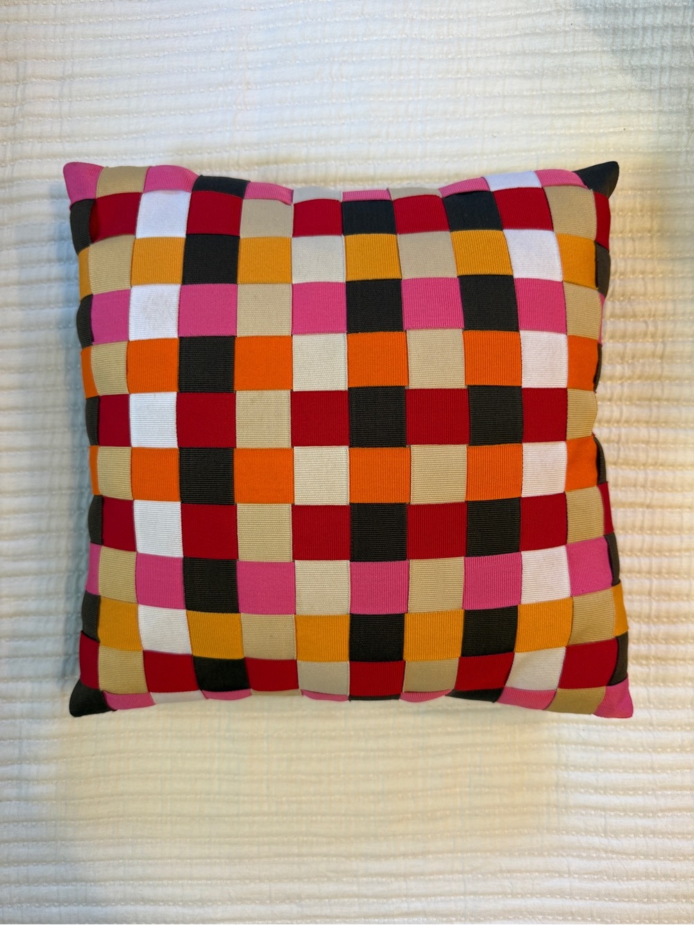 Multicolor Mini Checker Woven Ribbon Throw Pillow - Pink, Orange & Red Accent